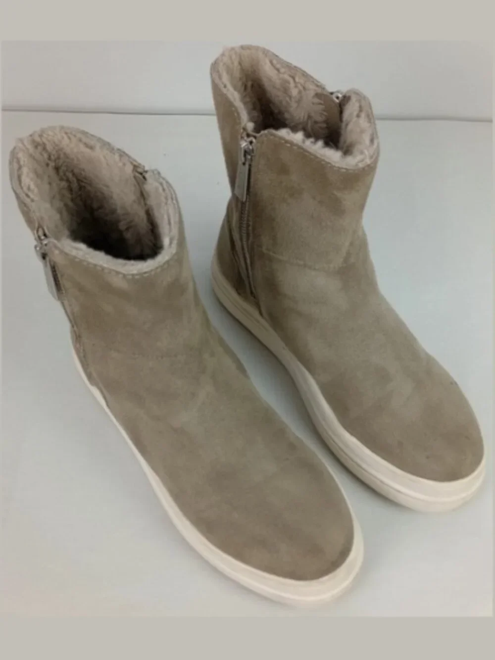 J/Slides NYC Tristan Women 7 Taupe Double Side Zip Faux Fur Platform Suede Boots